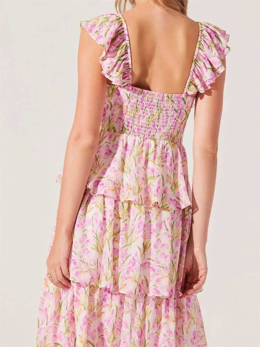 Elegant Off-shoulder Maxi Dress with Delicate Floral Print and Flowy Ruffled Layers Perfect for Spring and Summer Events