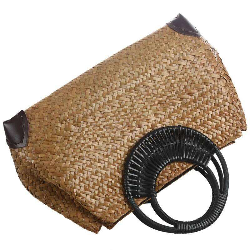 Women Straw Female Bamboo Summer Beach Weave Handbag Lady Handmade Vintage Wood Handle Bag Travel Knitted Totes Bags