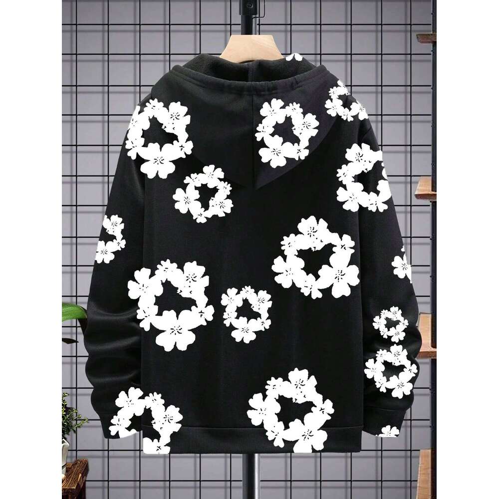 Mens Contrast - Color Casual Stylish Black Hoodie with Simple White Flower Prints Polyester Fabric Fit for Home and Outings