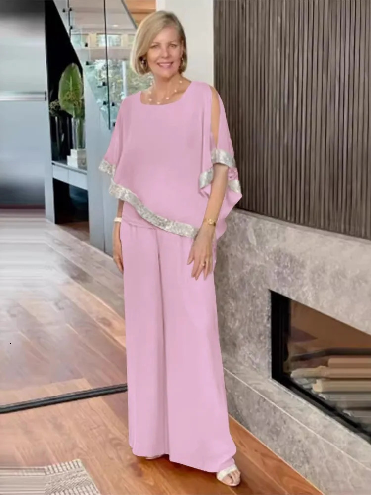 Spring Autumn Set Fashion Round Neck Shining Color Blocked Bat Shirt Sexy Off Shoulder Wide Leg Pants Three Piece 250605