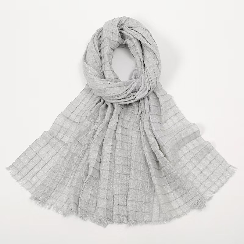 T912 solid color square wrinkled polyester long scarf Malay Indonesia hot selling gold and silver plaid scarf female