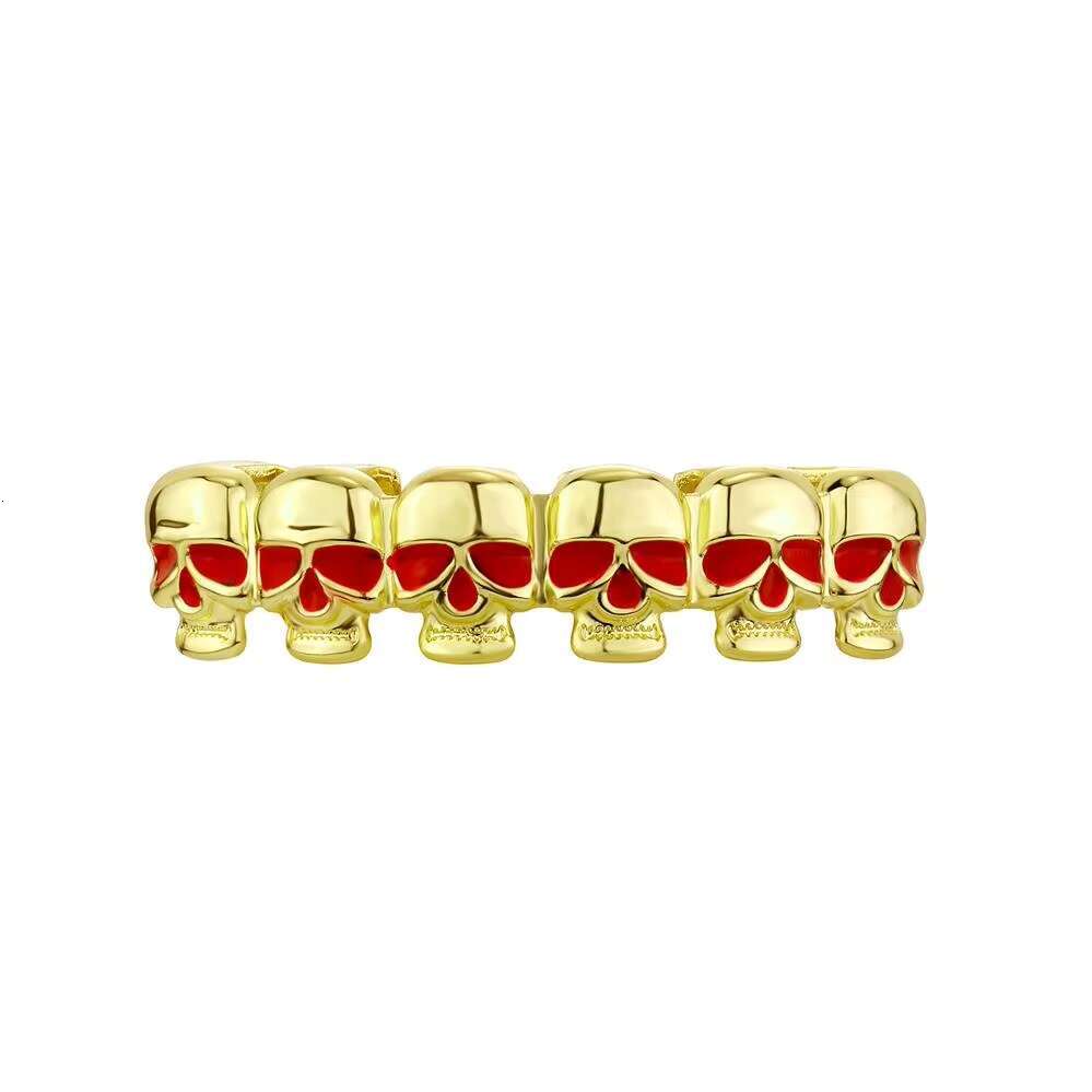 Factory Stock Wholesale Halloween Braces Jewelry Silver Gold Metal Color Plating Iced Out Brass Red Eye Skull Hip Hop Grillz