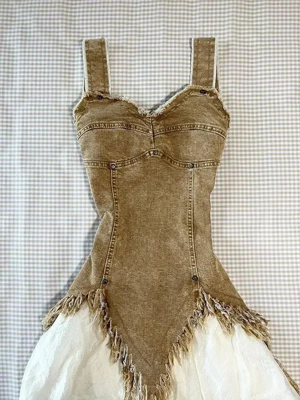 Girl Short Skirt Two Piece Maillard Color Irregular Raw Edge Suspender Denim Top Summer Waistless Half Length Princess Skirt 250605