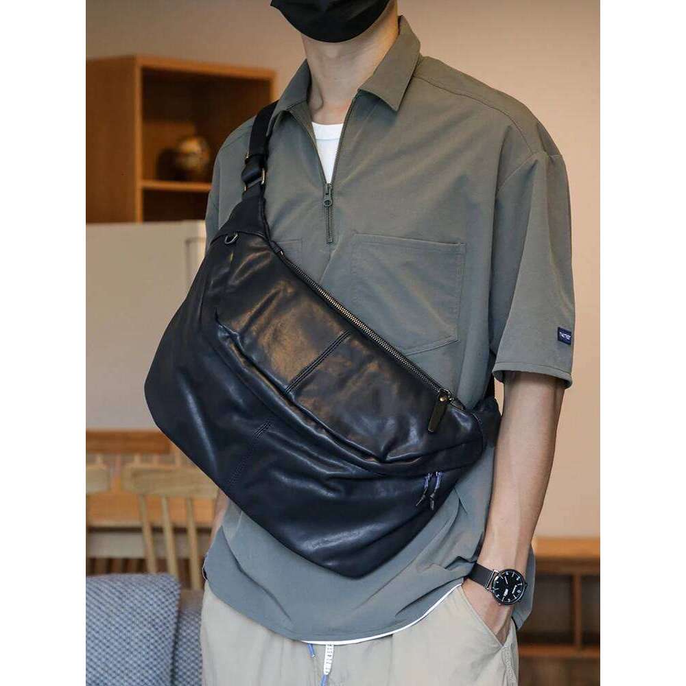 Soft Black Cowhide Leather Men's 14-15.6 inch laptop Messenger Crossbody Bag Large Capacity Back Pack Casual Chest Bags