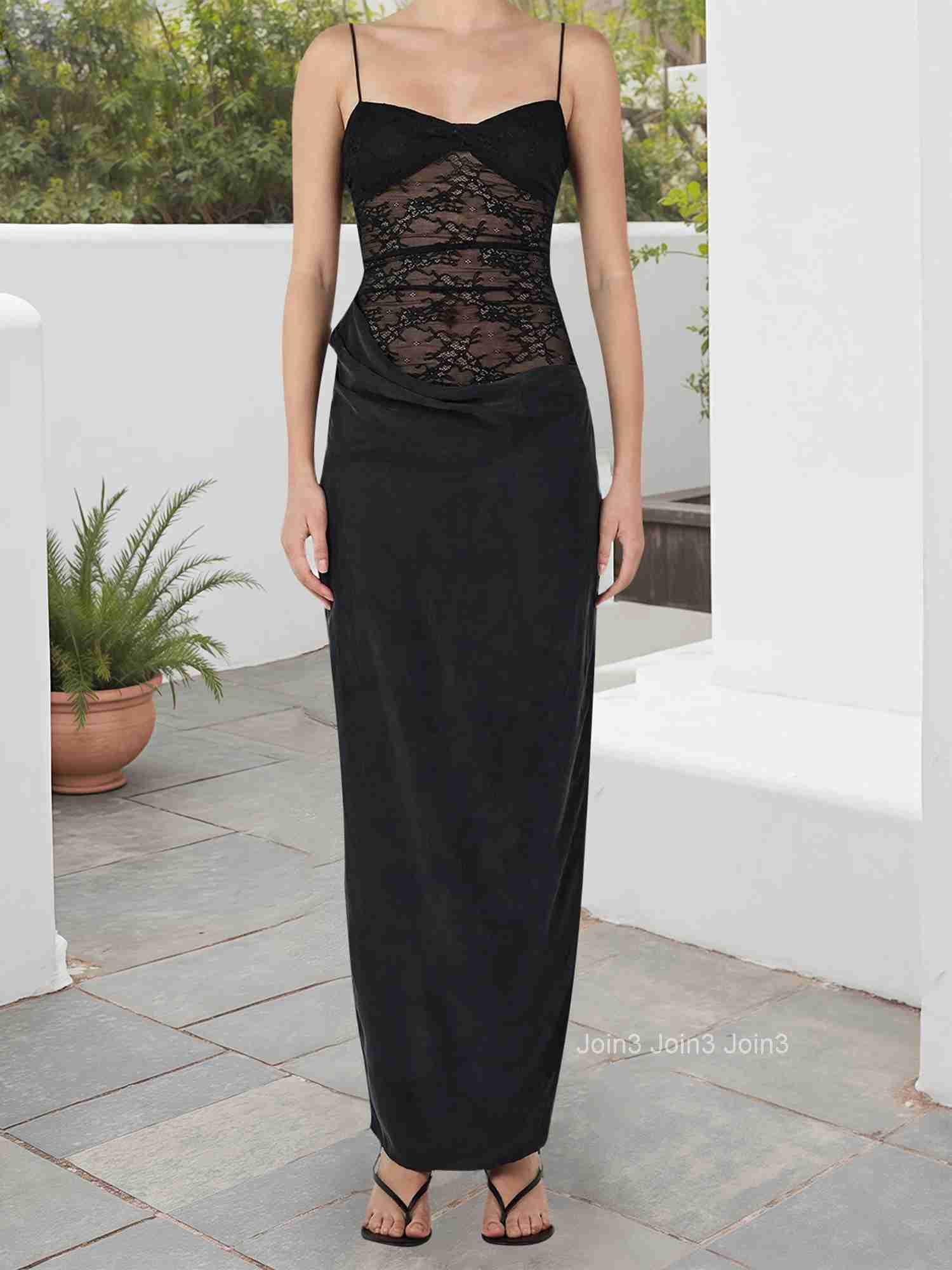 Elegant V-neck Sleeveless Maxi Dress with Side Slit and Lace Detailing Perfect for Summer Cocktail Parties and Events