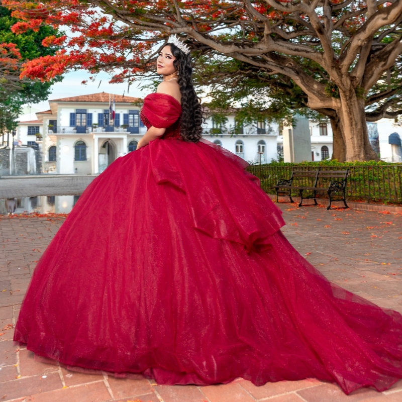 Red Shiny Quinceanera Dresses Ball Gown Off The Shoulder Beading Tull Sweet 16 Dress Vestidos 15 De Anos