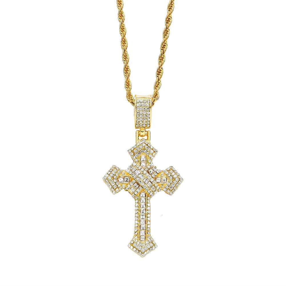 European and American Hip-Hop Trendy Cross Pendant Necklace Three-Dimensional Full Diamond With Stainless Steel Gold Plating