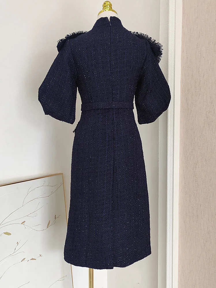 IEQJ Bownot Tassel Spliced Puff Sleeve Tweed Dresses For Women Vintage Elegant High Waist Slim Dress Clothing 3WQ7259 250603