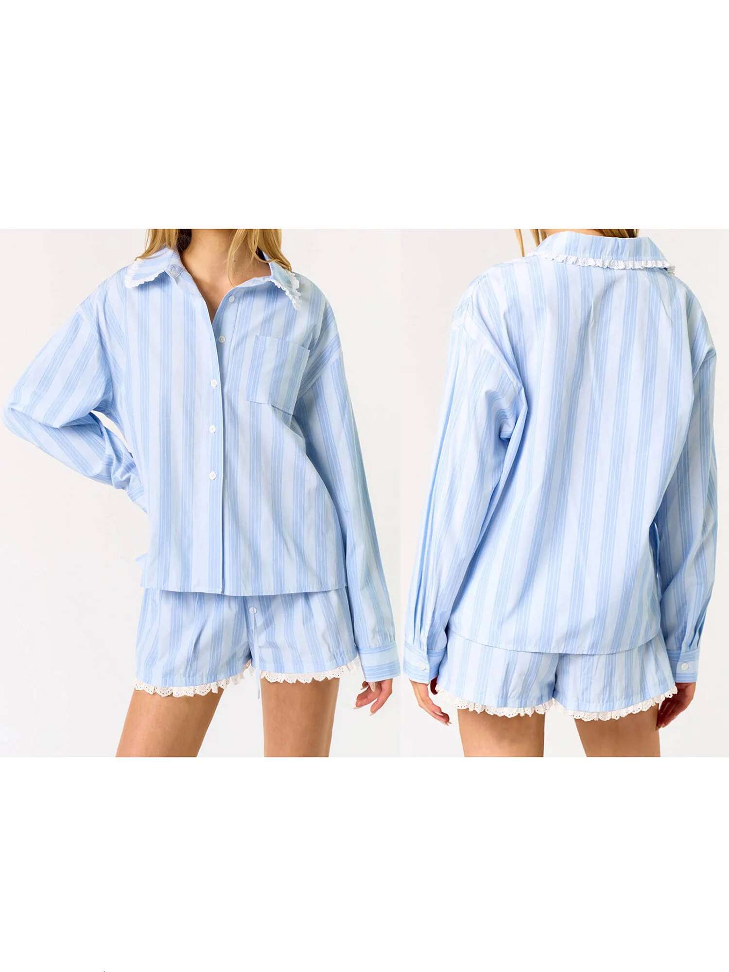 Womens Stylish 2 Piece Ensemble Featuring Long Sleeve Lace Trim Top and Coordinating Shorts for Effortless Summer Style