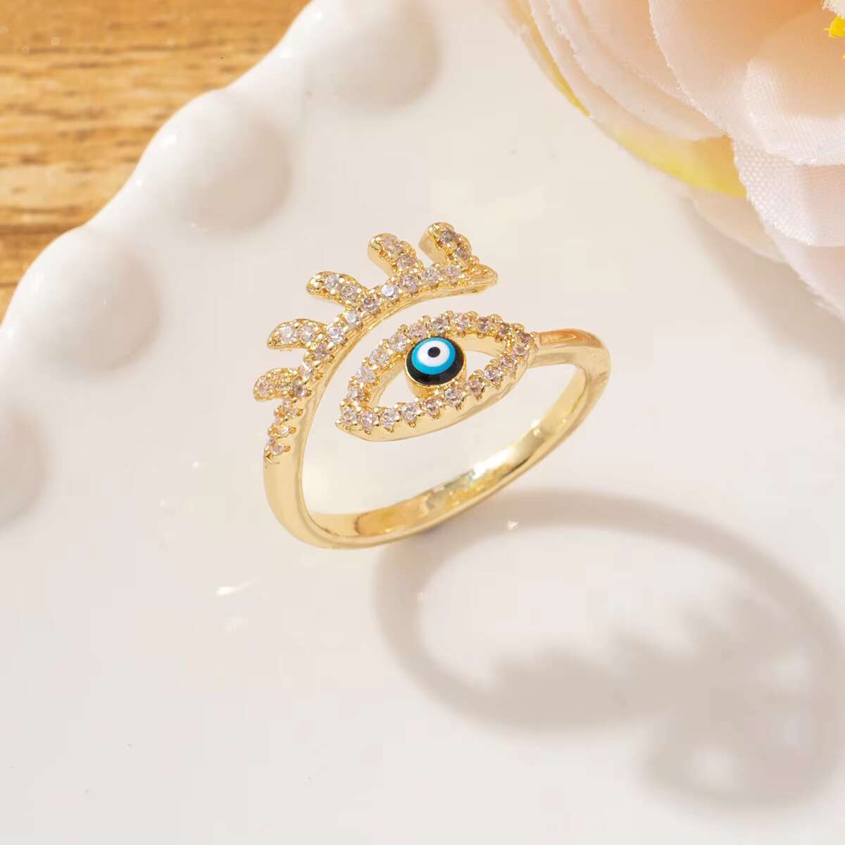 Laboratory cultured diamond ring; Unique multi-colored evil eye ring; 925 silver 18K gold open adjustable ring; Jewelry