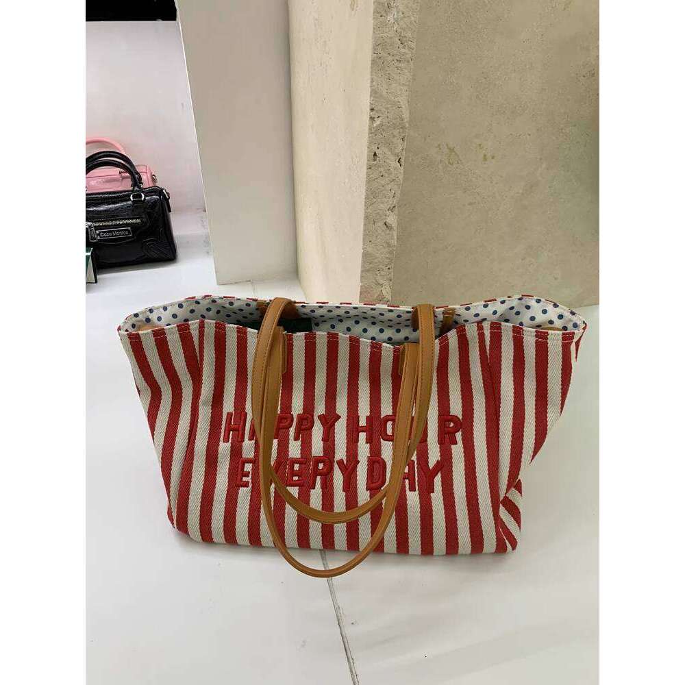 Summer Red and White Striped Letter Embroidered Tote Canvas Handheld Shoulder Underarm Class Mommy Bag Fashionable Versatile