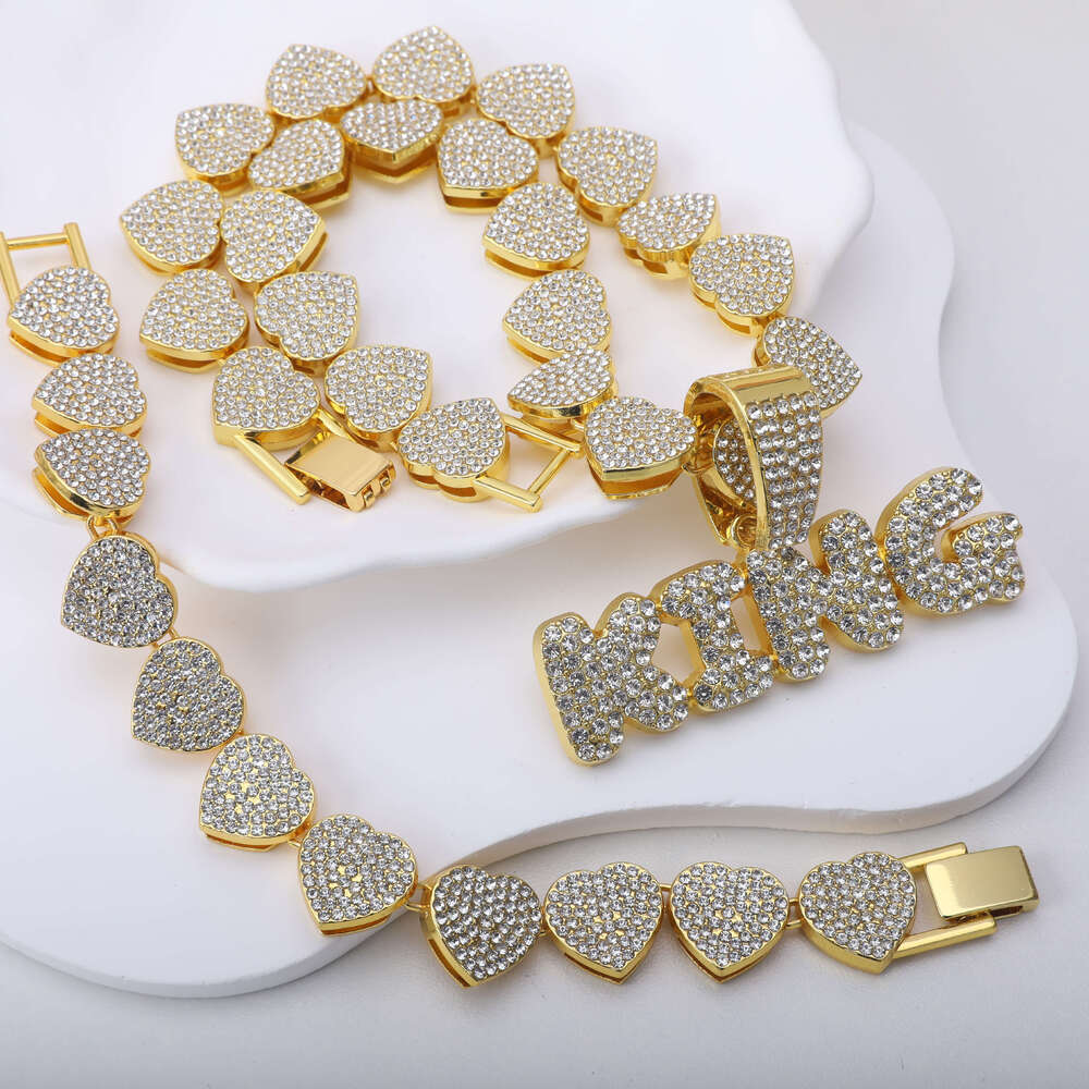 Hot Selling Cuban Chain Hip Hop Jewelry Silver Plated Gold Link Chain with Rhinestone Zinc Alloy Necklace Bracelet