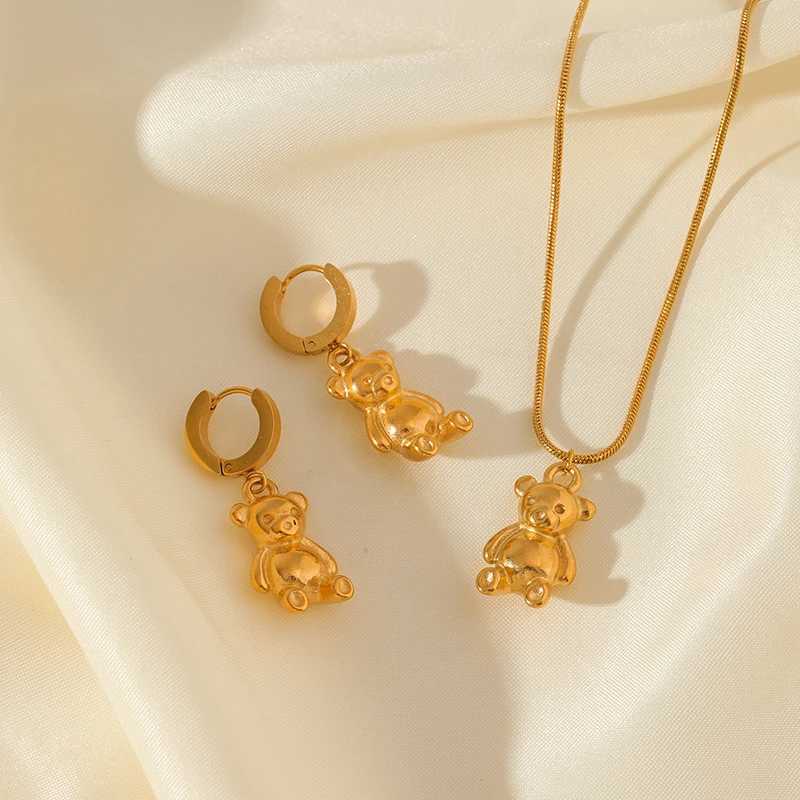 EILIECK 316L Stainless Steel Gold Color Bear Flower Necklace Earrings Set For Women New Party Gift Waterproof Jewelry Set Bijoux Z250607