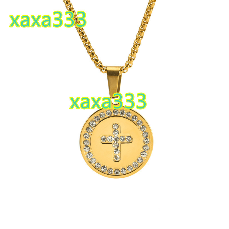 Fashion Stainless Steel Cross Pendant Necklace 18k Gold Plated Non Tarnish Crystal Round Cross Necklace for Men