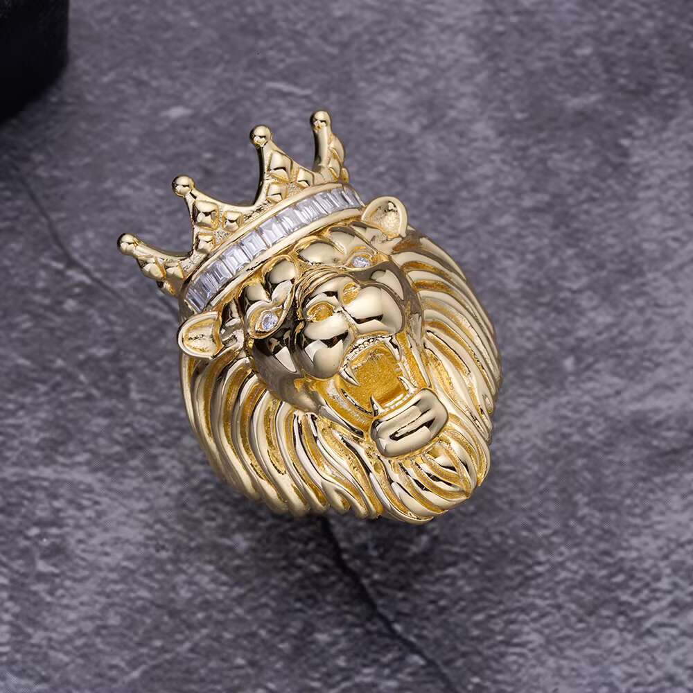 Customization Over Real 925 Silver 10K Yellow Gold Created Diamond Textured Roaring Baguette Crown Lion Face Ring