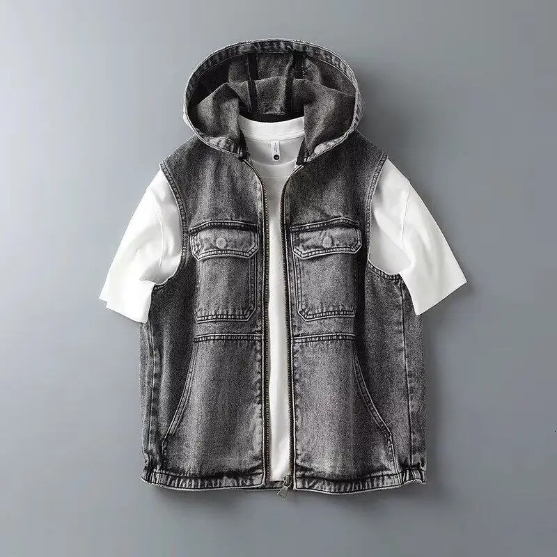 2025 Mens Korean Style Vest Fashion Slim Hooded Waistcoat Casual Sport Denim Sleeveless Jackets for Men 250530