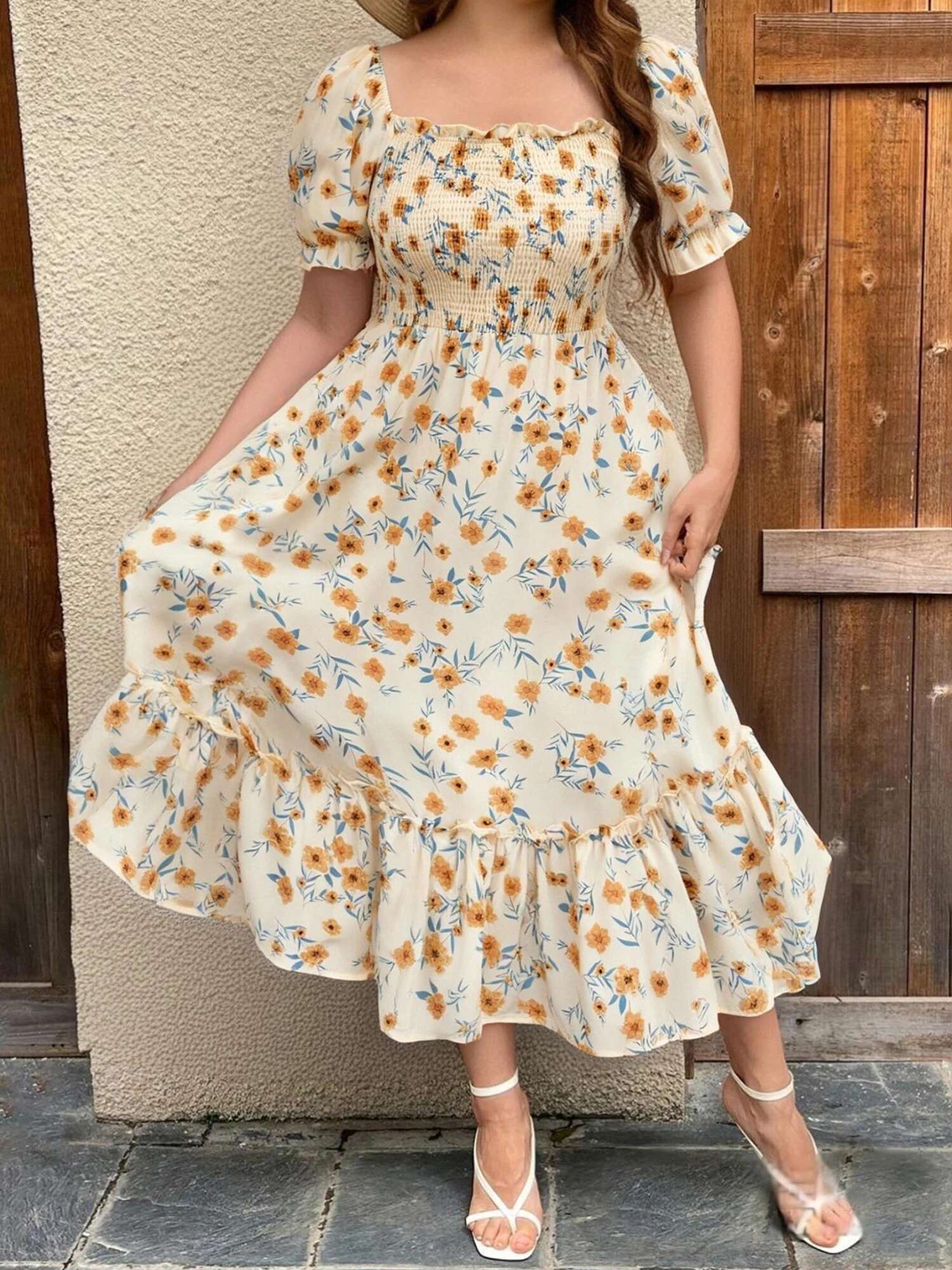 Elegant Plus Size Maxi Dress with V-neck and Ruffle Sleeves Perfect for Summer Parties and Special Occasions