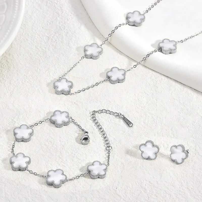 Stainless Steel Sets Earrings Necklace Christmas Birthday Gifts Gold Plated Womens Double Sided Flower Elegant Fashion Z250607