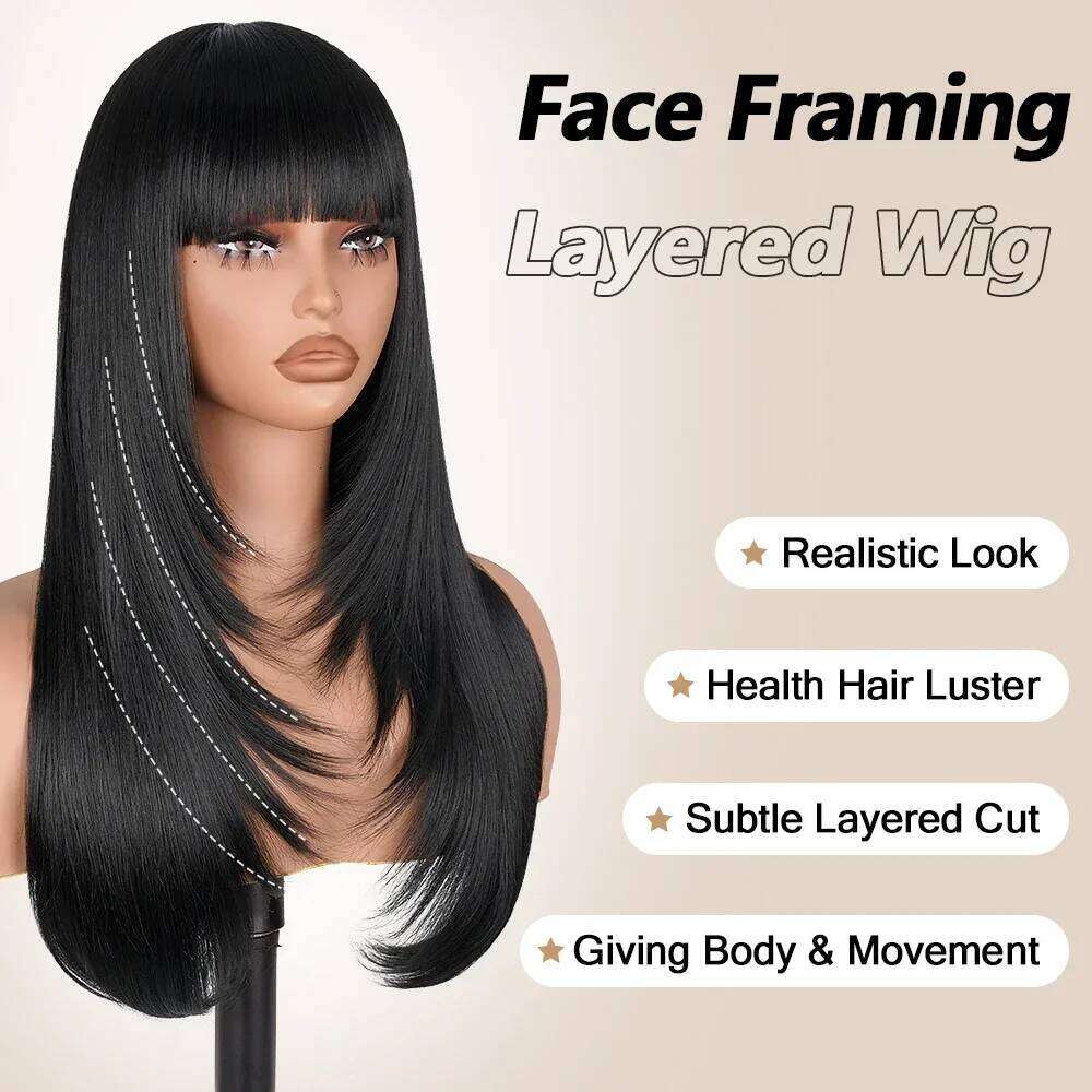 NAMM Straight Cut Wigs with Bangs HD Fake Scalp Synthetic Natural Layered Lace For Women Glueless Heat Resistant Wig