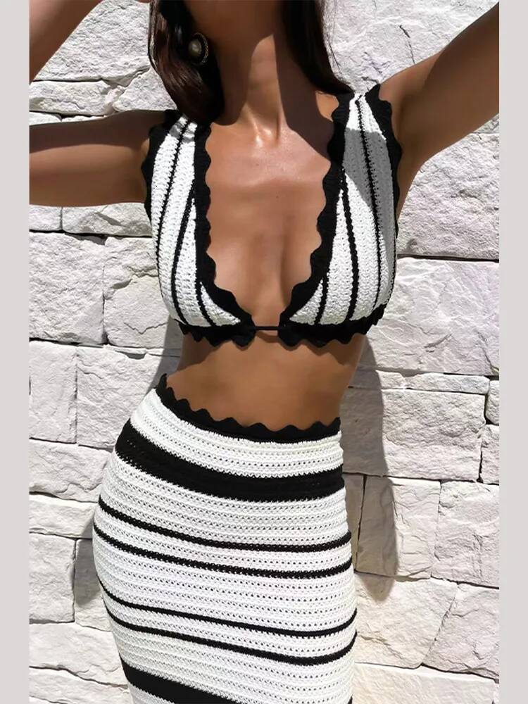 Chic Contrast Stripe Knitted Cropped Tops Set Women Fashion Backless Lace Up Bikini High Waist Skirt Suit Lady Holiday Beachwear