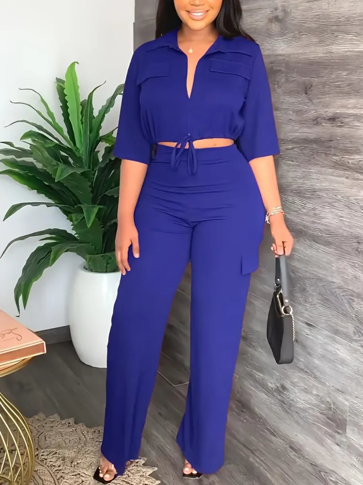 Elegant Office Women Two Piece Sets Autumn V Turn-down Neck Half Sleeve Drawstring Lace Up Short Shirt Wide Leg Trousers Set 250605