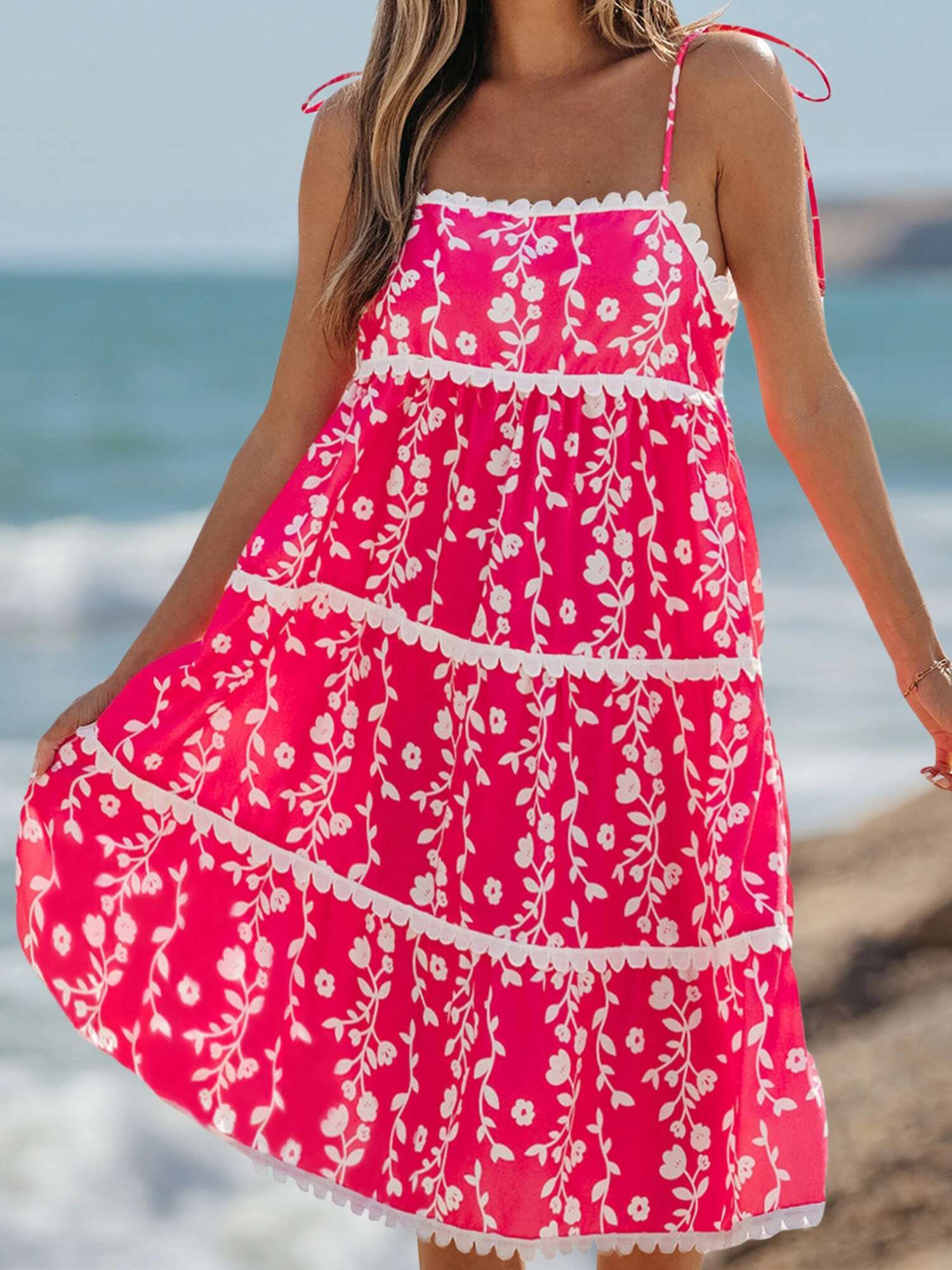 Womens Boho Style Floral Print Sleeveless Mini Dress with Adjustable Spaghetti Straps and Flowy Beach Vibe