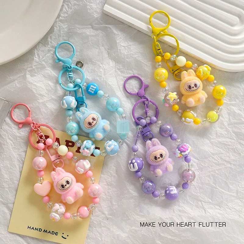 Creative Labubu Keychain Beaded Charm Backpack Hanging Pendants Cartoon Holiday Children Birthday Gift Keyring Decor Party FavorXJ250607