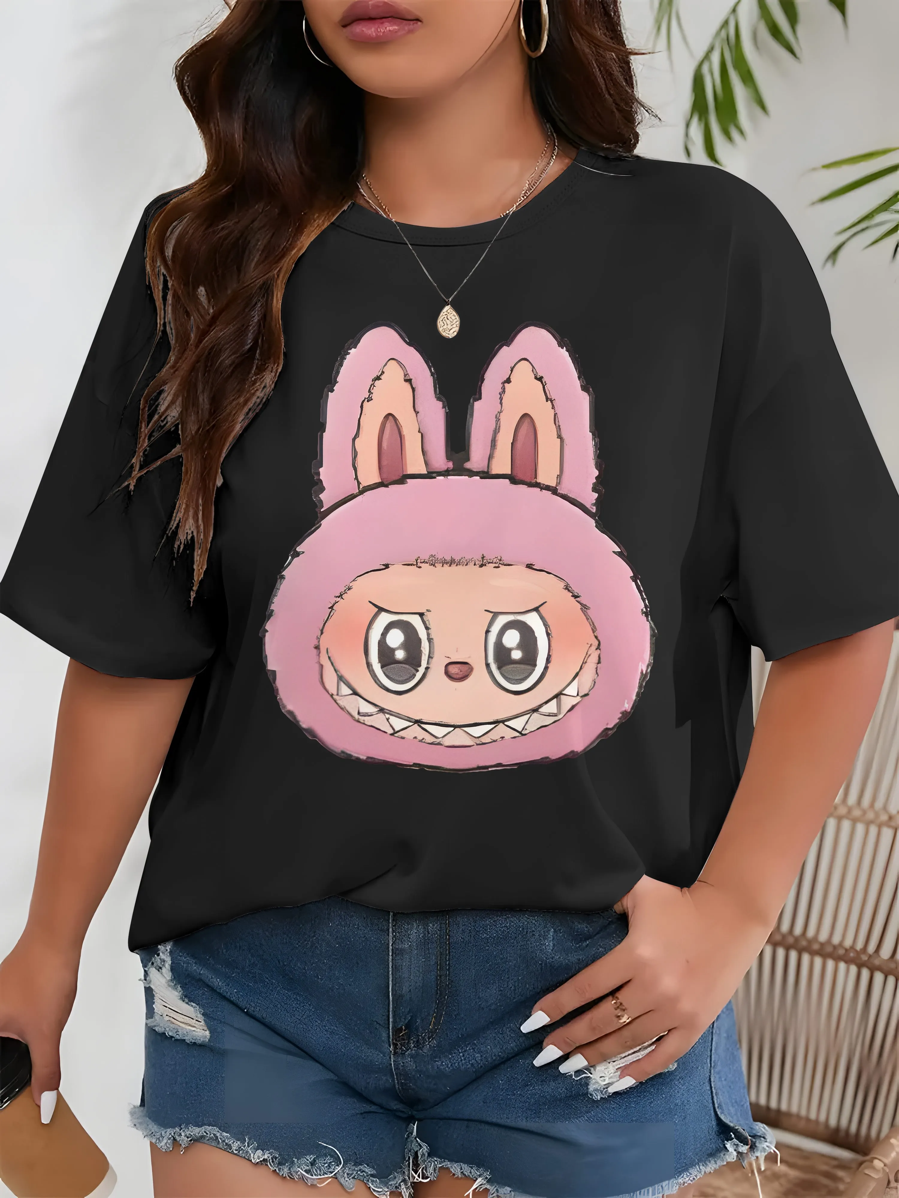 Women's Casual Round Neck Designer T-Shirt Labubu Cartoon Print Women Short Sleeve Cute Women Tshirt