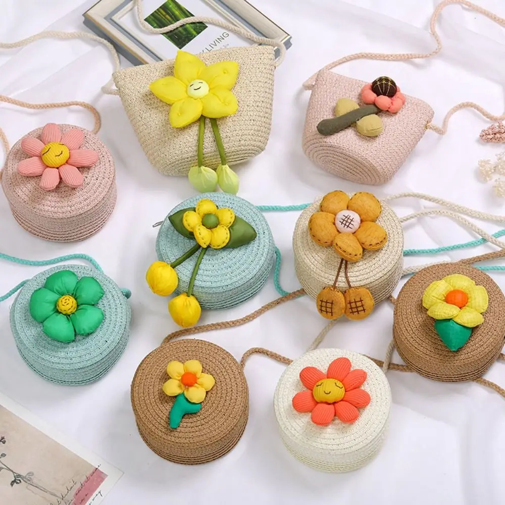 Cute Straw Shoulder Bags Flower Mini Coin Purse Handbags for Kids Girls 250605