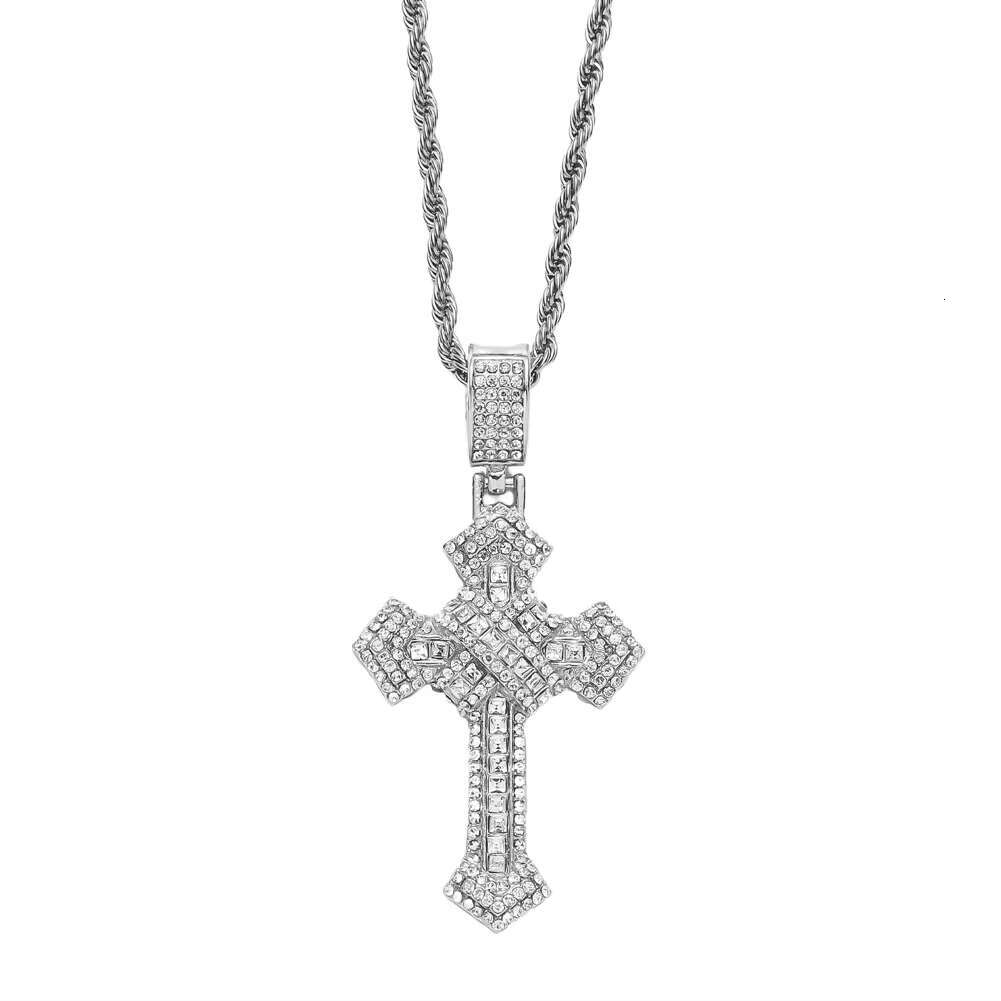 European and American Hip-Hop Trendy Cross Pendant Necklace Three-Dimensional Full Diamond With Stainless Steel Gold Plating