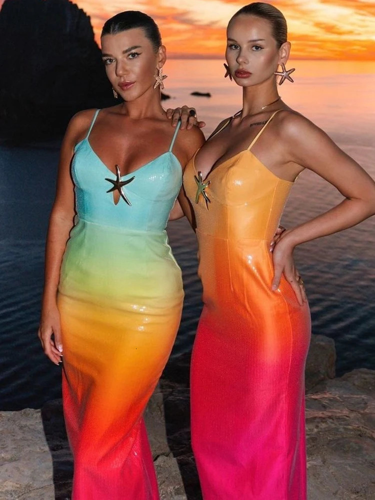 Mozision Sequins Spaghetti Strap Gradient Sexy Maxi Dress For Women Fashion Sleeveless Backless Split Sparkle Club Party Dress 250605