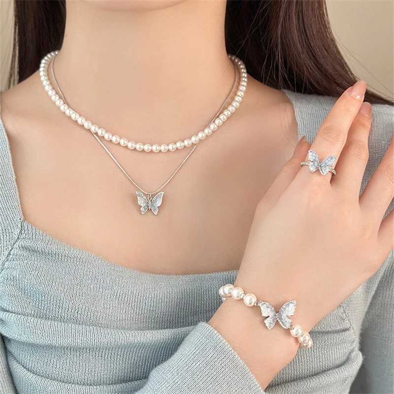 New Fashion Blue Crystal Butterfly Pearl Earrings Ring Necklace for Women Advanced Bilayer Choker Wedding Jewelry Set Z250607