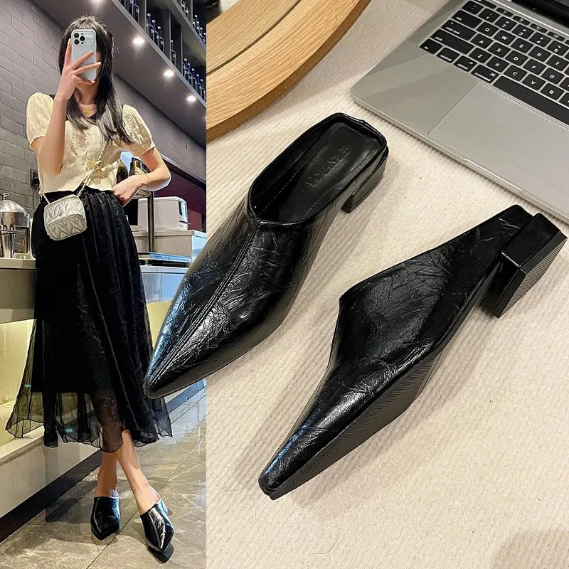 Baotou Half Slippers Womens Outer Wear 2025 Plus Size Pointed Thick Heel Womens Slippers 250603