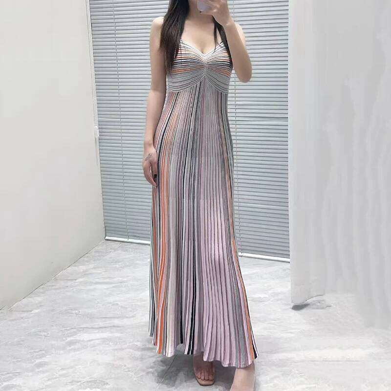 Women's Colorful Striped Knit Fashion Sexy Backless Halter Pleated Long High Quality Vacation Style Dress, 2025