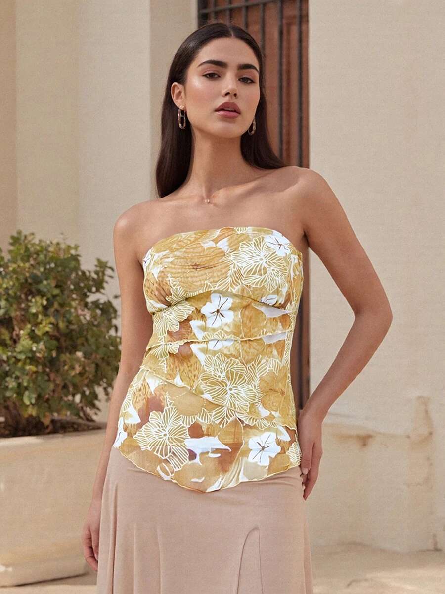 Floral Print Bandeau Tube Top Womens Summer Fashion Strapless Backless Shirt Streetwear Crop Top Beachwear Trendy Style