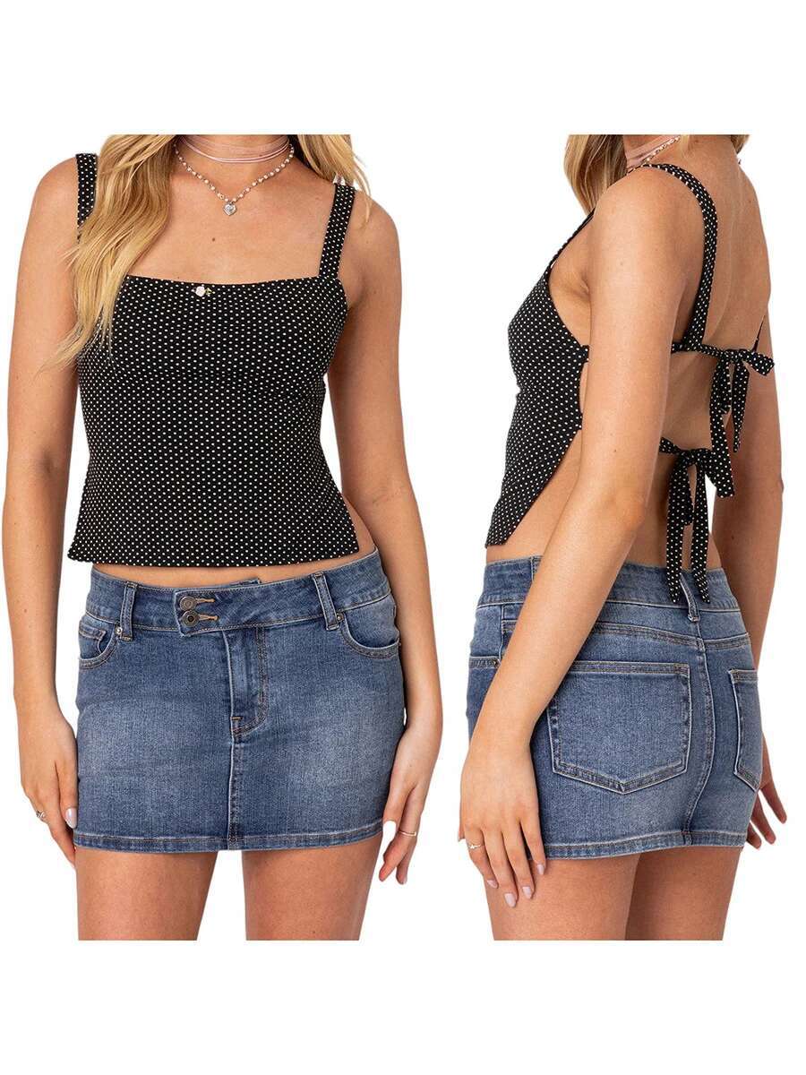 Womens Polka Dot Print Square Neck Tie Back Camisole Crop Top with Backless Design for Summer Streetwear Fashion