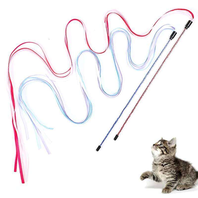 Interactive Cats Toys Long Satin Ribbon Rod Kitten Playing Teaser Wand Cat Stick Toy