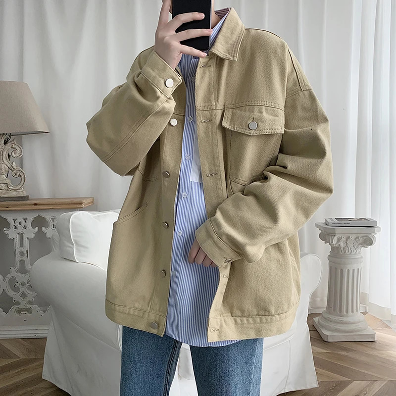 Steetwear Red Mens Jean Jackets Turn Down Collar Multipockets Denim Coats Overalls Loose Casual Men Clothing Outwear 250530