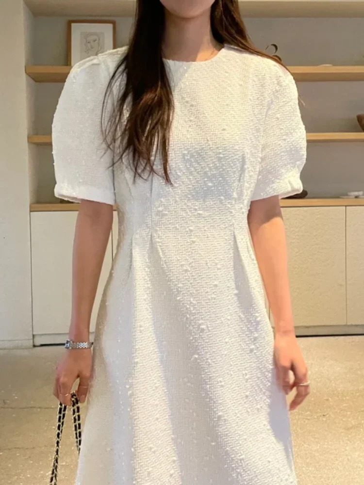 Woherb Women Short Puff Sleeve Tweed Dress Summer Casual All Match One Piece Dresses Korean Chic Vintage Robe Loose Dresses 250603