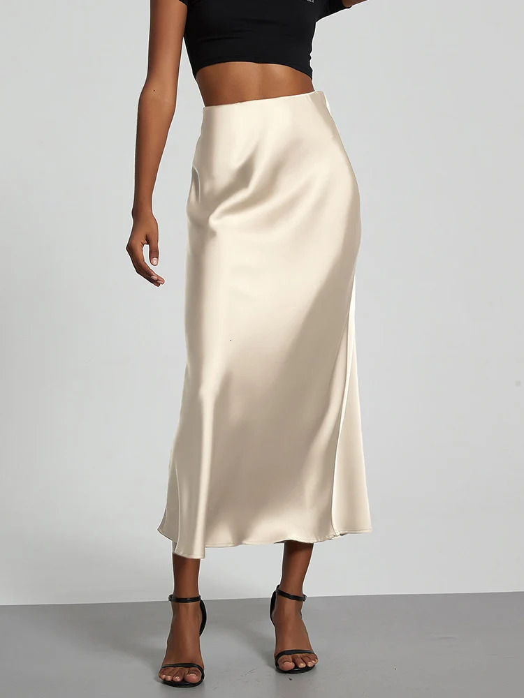 Fashion Satin Party Long Skirt High Waist Solid Color Casual Basic Women Skirts Fishtail Skirt Chic Summer Woman Clothing 2025 250529