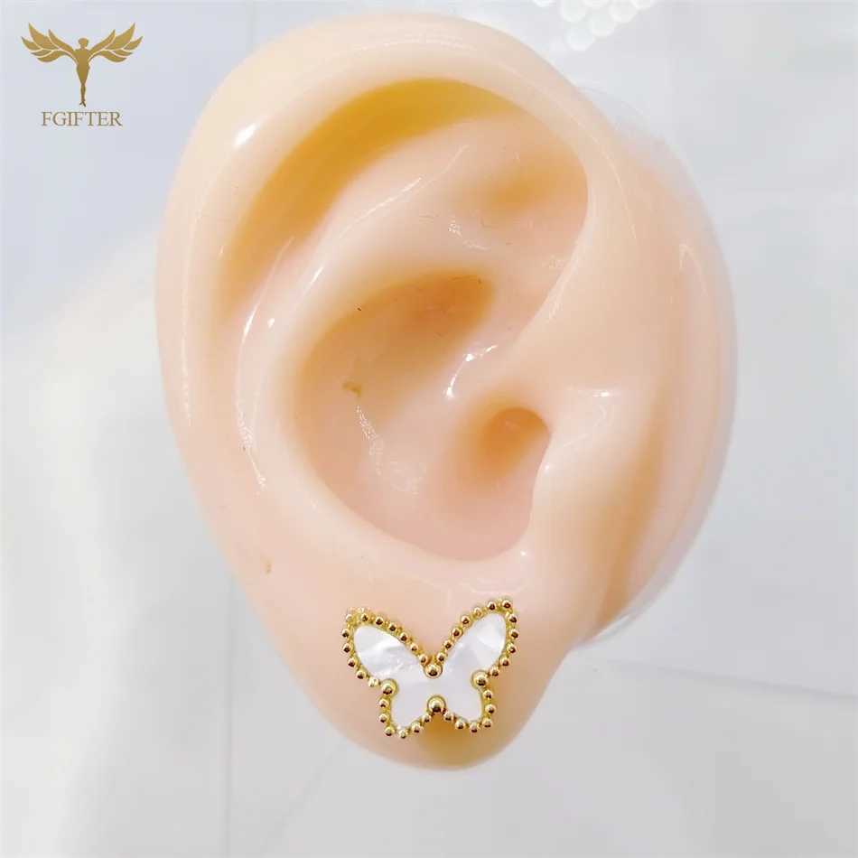 Golden Stainless Steel Shell Butterfly Necklace Earrings Jewelry Set White Black Red Green Butterfly Stud Pendant Girl Gifts Z250607