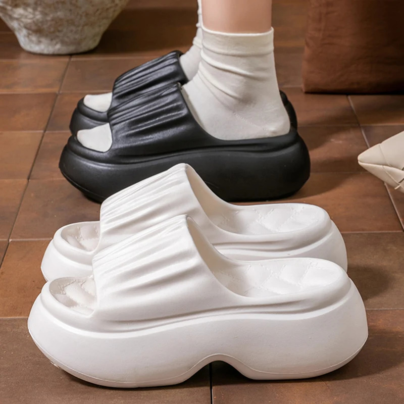 Chunky Platform Slippers for Women Summer 2025 Non Slip Thick Eva Sole Beach Slides Woman Pleated Wedge Heels Sandals 250605