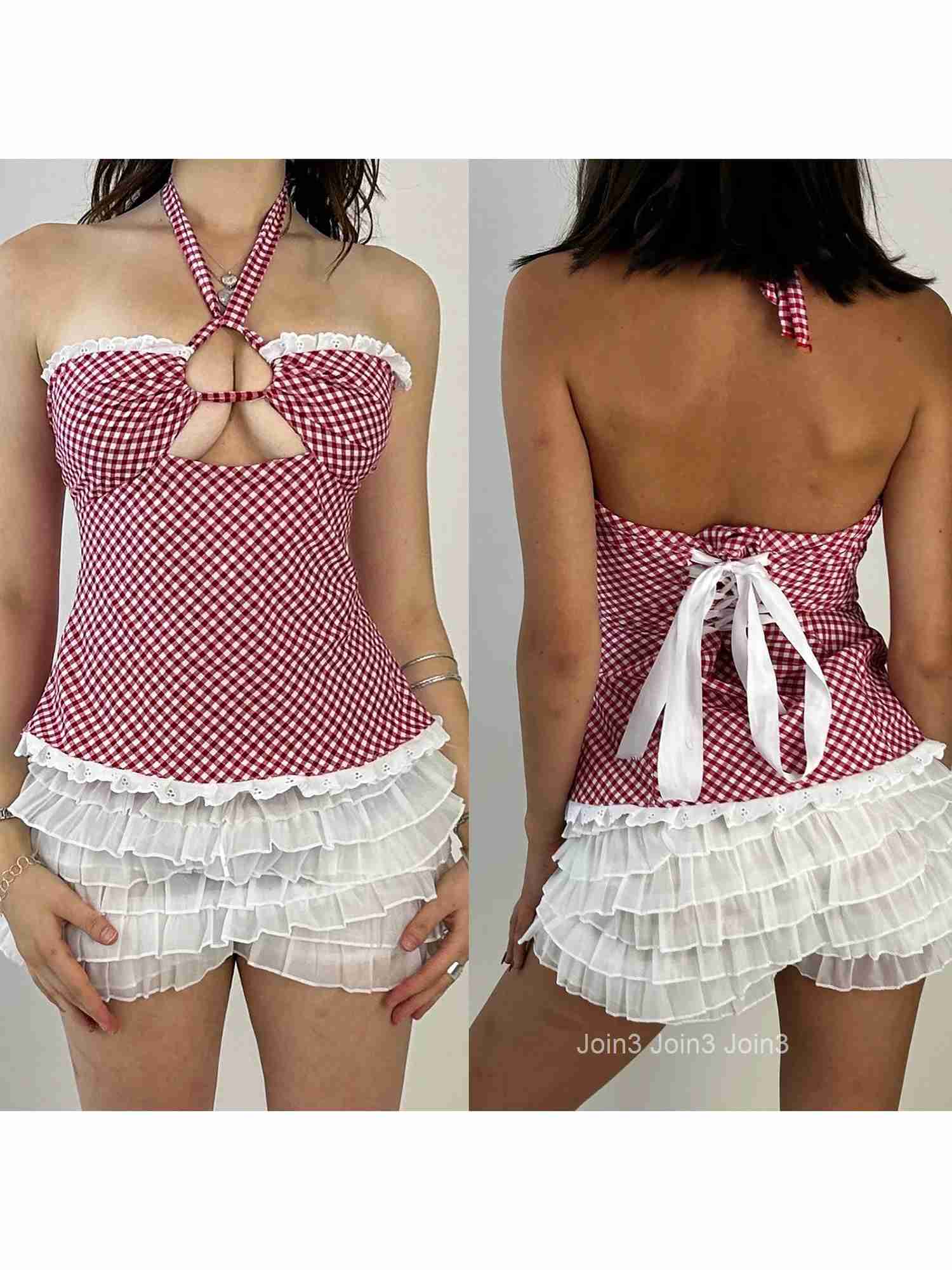 Plaid Print Sleeveless Corset Halter Top with Cutout Detail and Backless Design Perfect for Streetwear and Grunge Fashionistas