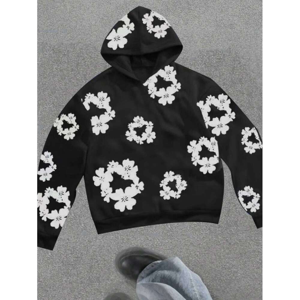 Mens Contrast - Color Casual Stylish Black Hoodie with Simple White Flower Prints Polyester Fabric Fit for Home and Outings