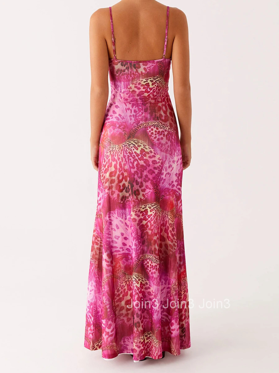 Womens Elegant Floral Print Sleeveless Maxi Dress with Fit Spaghetti Straps for Summer Beach Party Wear