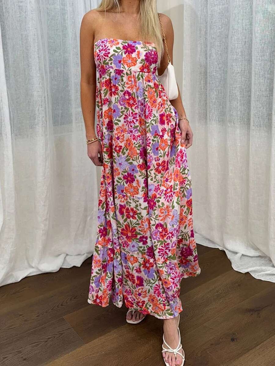 Elegant Off-shoulder Maxi Dress with Boho Floral Print and Lace-up Back Detail for Summer Wedding Party or Vacation Beachwear