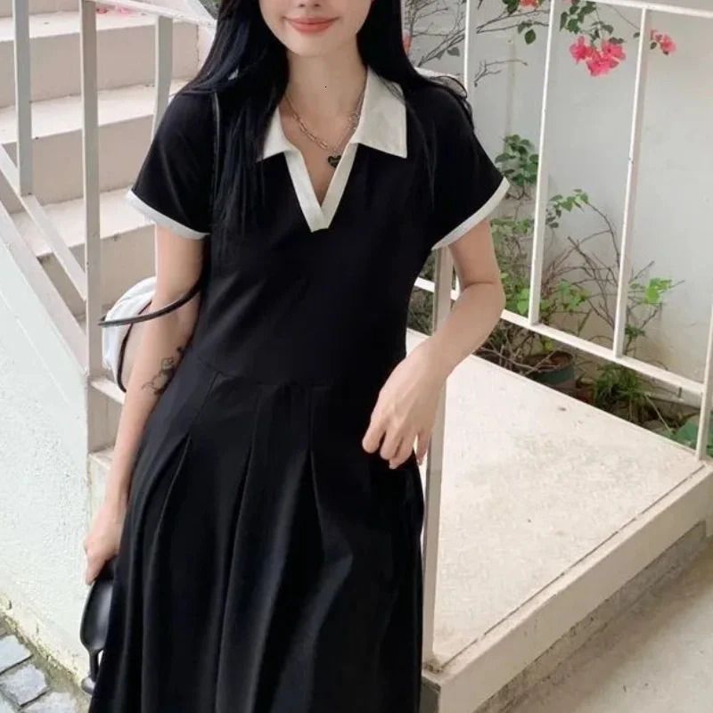 Plus Size Office Ladys Elegant Black Dress Short Sleeve Loose Pleated Midi Casual Matching Vintage Hepburn 250526