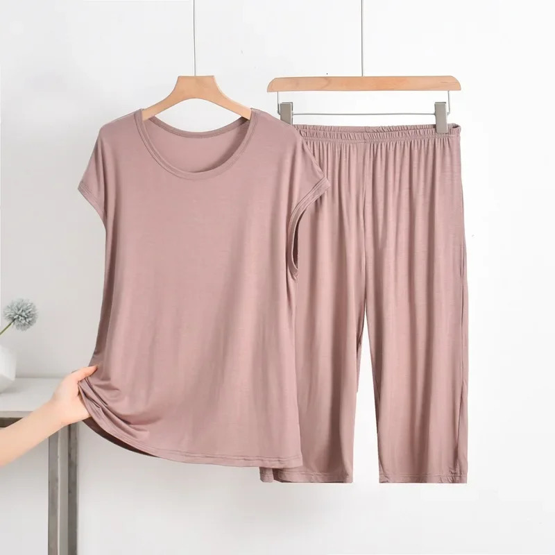 Plus Size Loose Modal Set Women Summer Short Sleeve Top Seven Pants Thin Home Clothes Sleepwear plus Fat MM 200 Pounds 250603