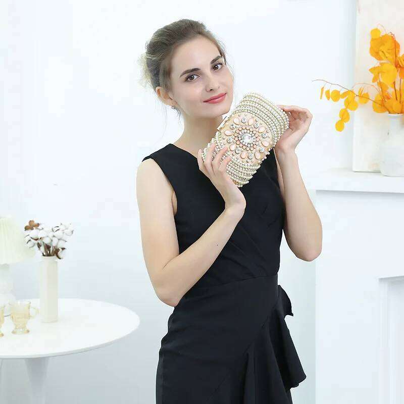 New Trendy Party Dinner Bead Pearl Crystal Hand Embroidery Rhinestone Evening Shoulder Bag For Wedding Women Prom