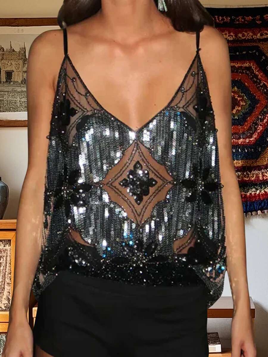 Womens Sparkling Sequin Embellished Crop Top Sleeveless V-neck Fit Camisole Streetwear Fashion Tank Tops